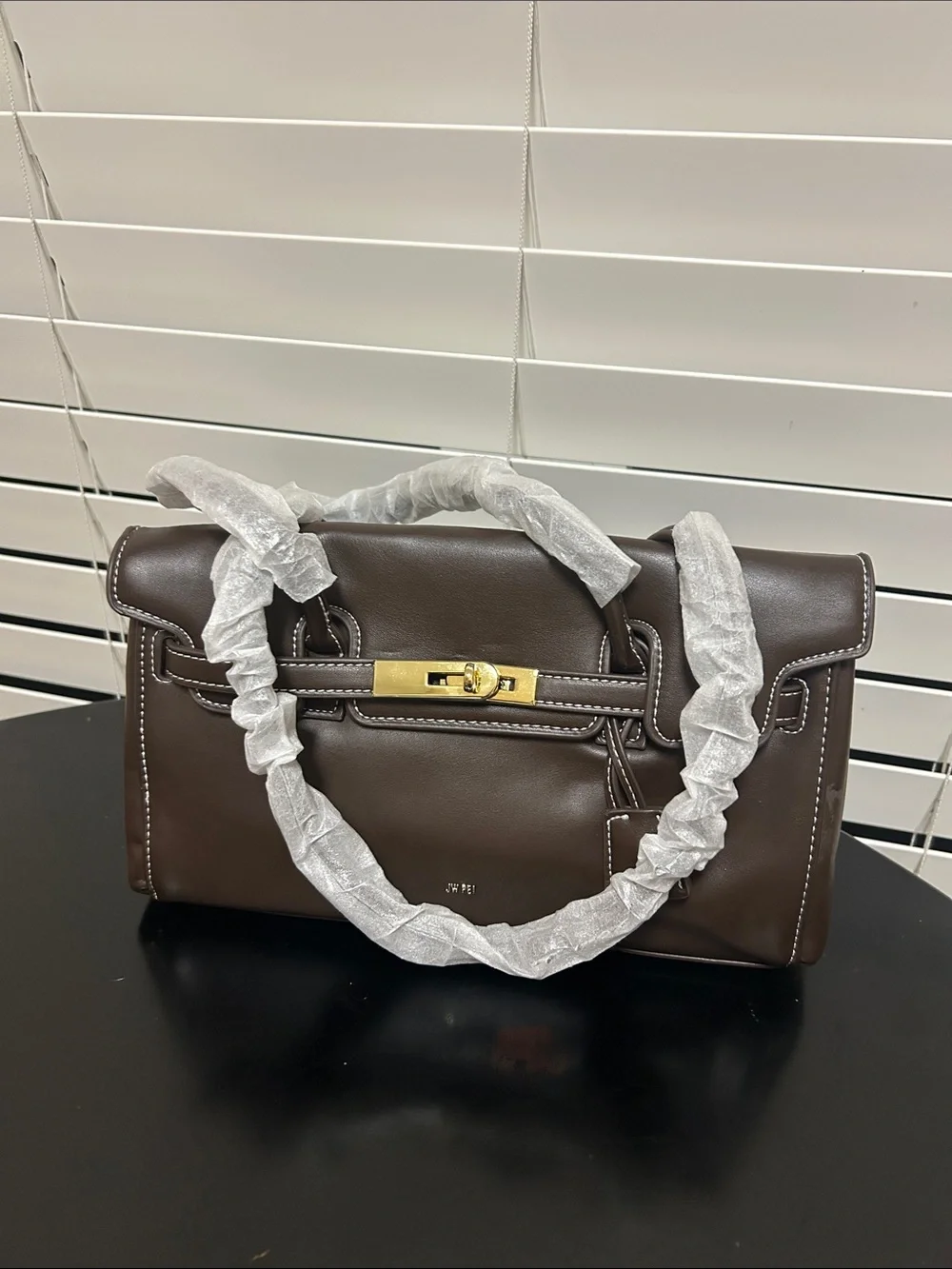 Brown Leather Top-Handle Tote with Gold Hardware